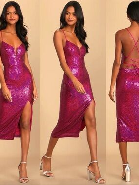 Sparkling Starlet Magenta Iridescent Sequin Lace-Up Midi Dress